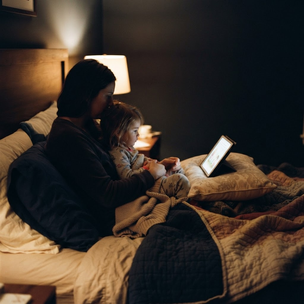 An adult and a child reading a picture book together by lamplight at bedtime.