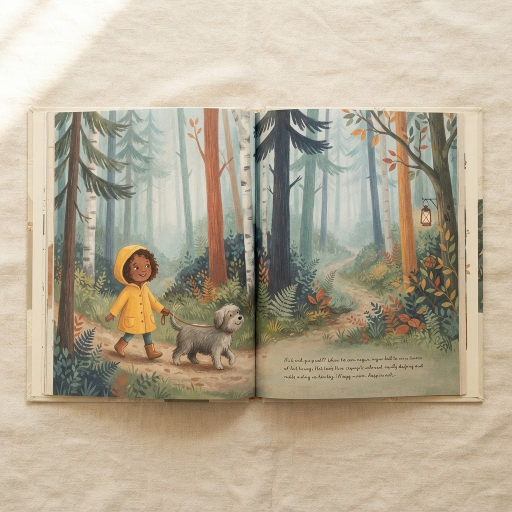 An open picture book showing a hand-painted illustration of a child in a yellow raincoat walking a dog through a misty forest.